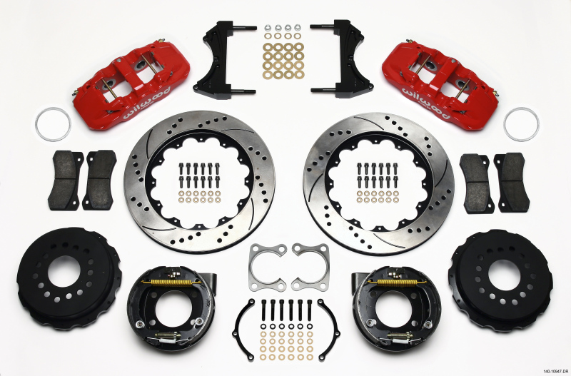 Wilwood AERO4 Rear P-Brake Kit 14.00in Drilled Red Big Ford Old Style 2.36in Offset - 140-10947-DR