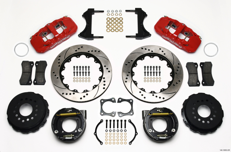 Wilwood AERO4 Rear P-Brake Kit 14.00in Drill Red 58-64 Olds/Pontiac Ends 2.81in Offset - 140-10953-DR