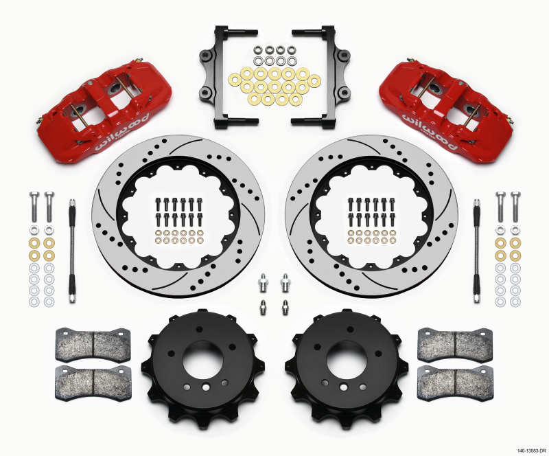 Wilwood AERO4 Rear Kit 14.00 Drilled Red 2007-2011 BMW E90 Series w/Lines - 140-13583-DR