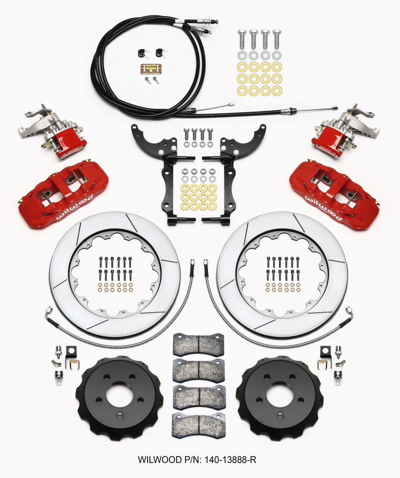 Wilwood AERO4 / MC4 Rear Kit 14.00 Red 2015-Up Mustang w/Lines & Cables - 140-13888-R