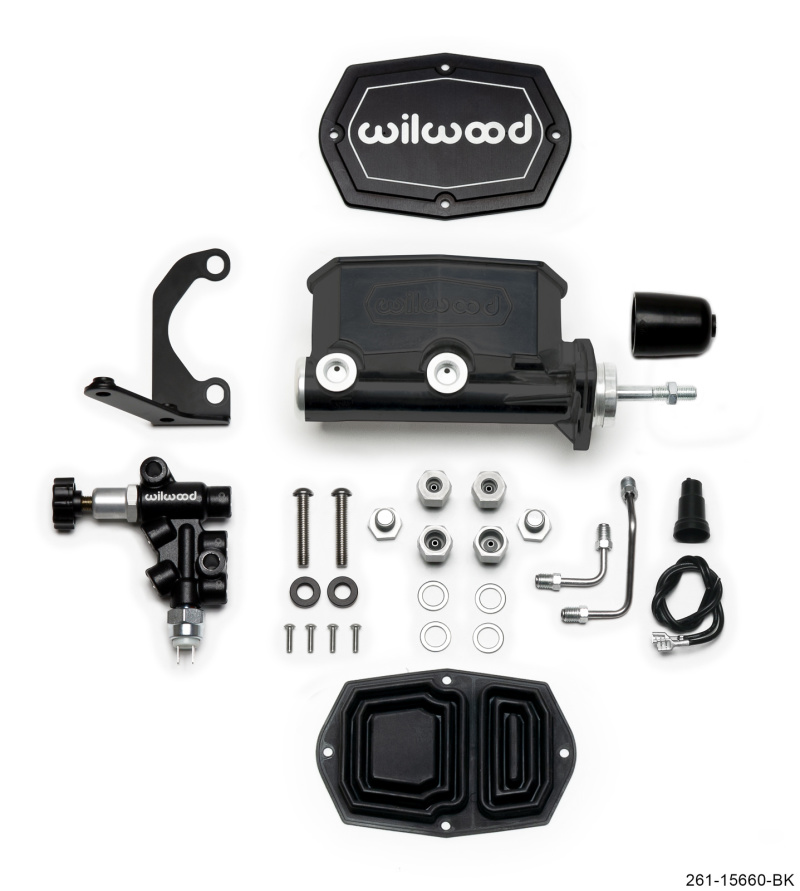 Wilwood Compact Tandem M/C - 15/16in Bore w/RH Bracket and Valve (Pushrod) - Black - 261-15660-BK