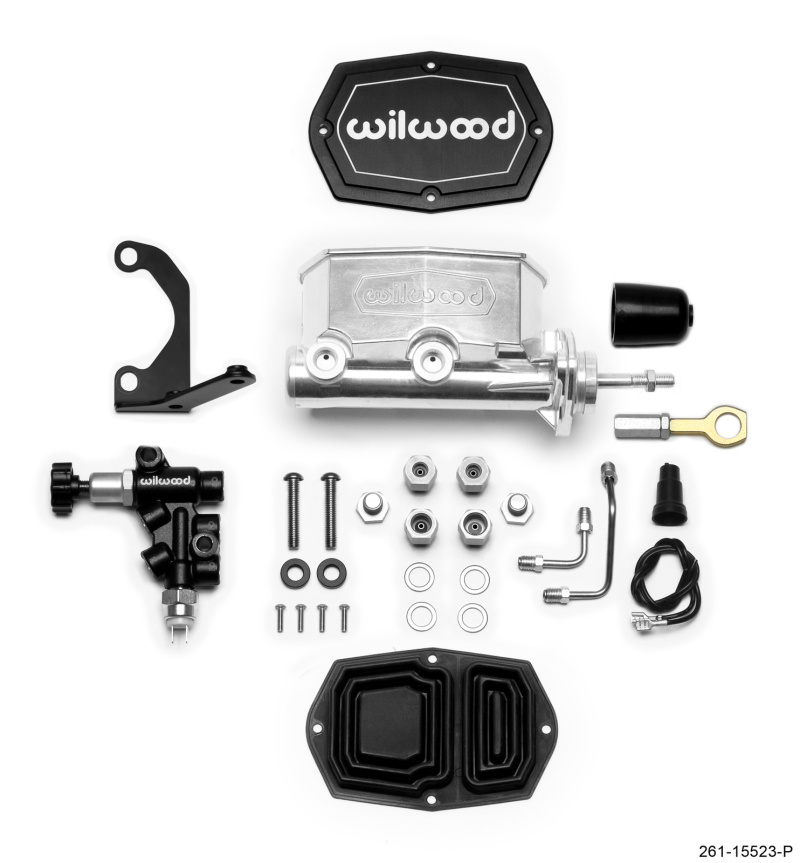 Wilwood Compact Tandem M/C - 15/16in Bore w/Bracket and Valve fits Mustang (Pushrod) Ball Burnished - 261-15523-P