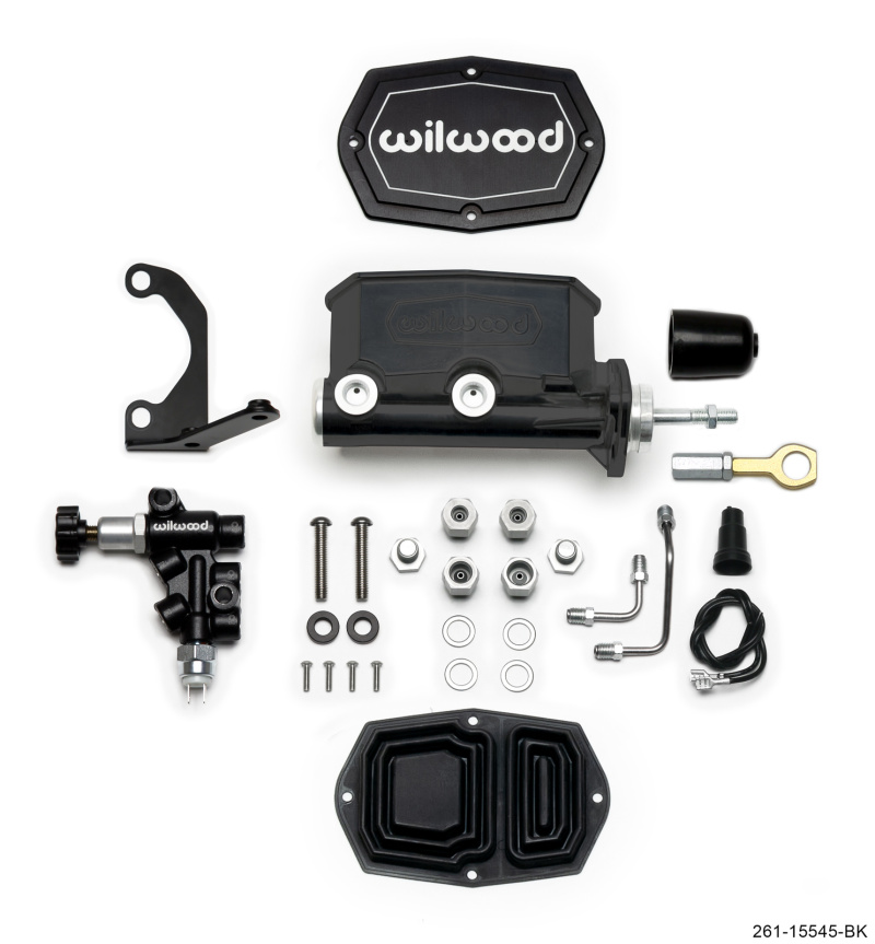 Wilwood Compact Tandem M/C - 1.12in Bore w/Bracket and Valve fits Mustang (Pushrod) - Black - 261-15545-BK