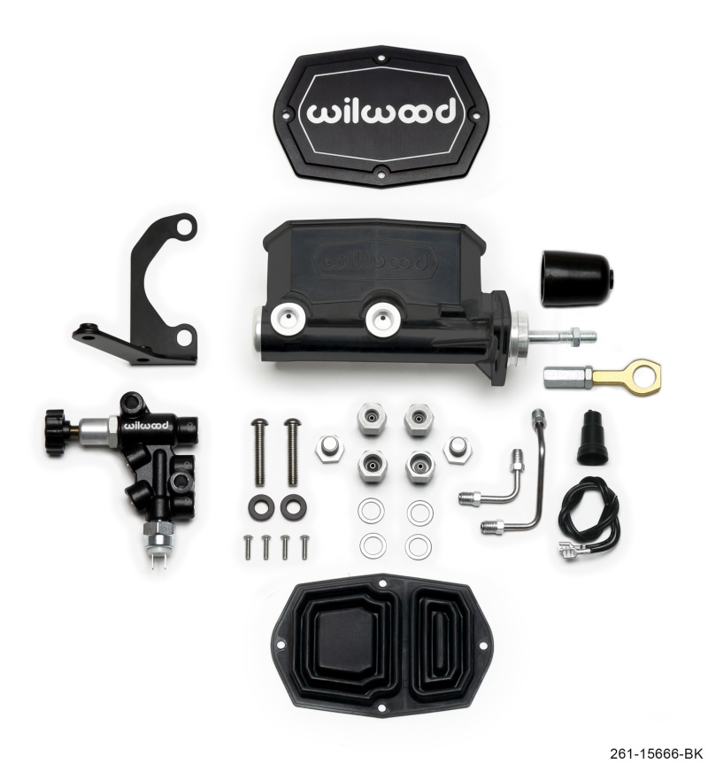 Wilwood Compact Tandem M/C - 1.12in Bore w/RH Bracket and Valve (Mustang Pushrod) - Black - 261-15666-BK