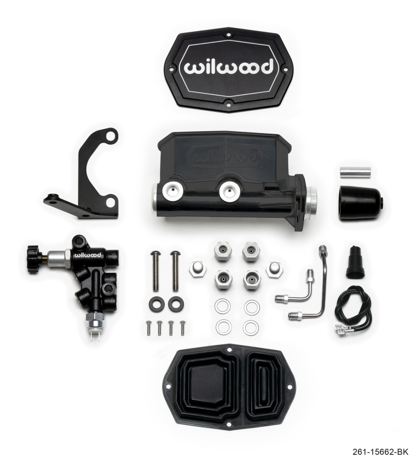 Wilwood Compact Tandem M/C - 1.12in Bore w/RH Bracket and Valve - Black - 261-15662-BK