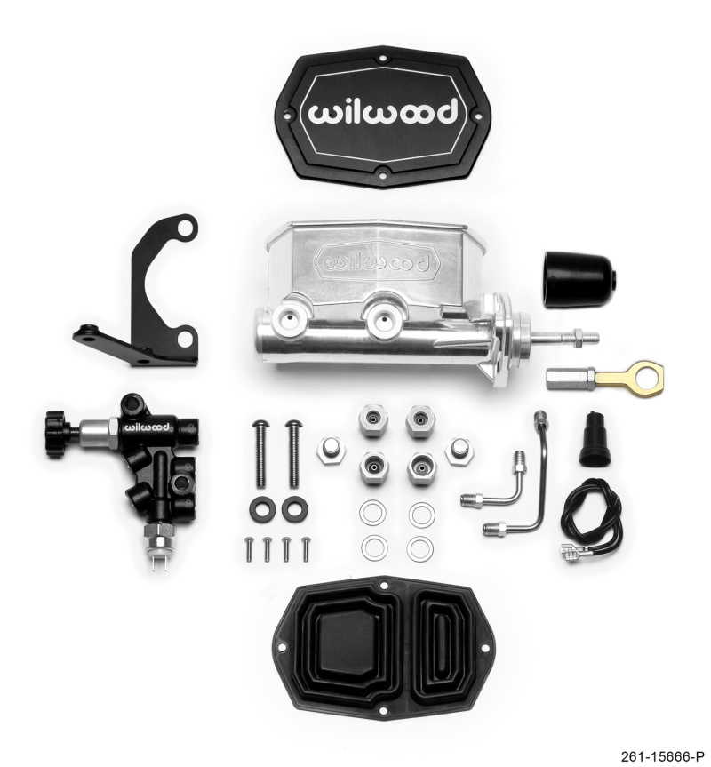 Wilwood Compact Tandem M/C - 1.12in Bore w/RH Bracket and Valve (Mustang Pushrod) - Ball Burnished - 261-15666-P