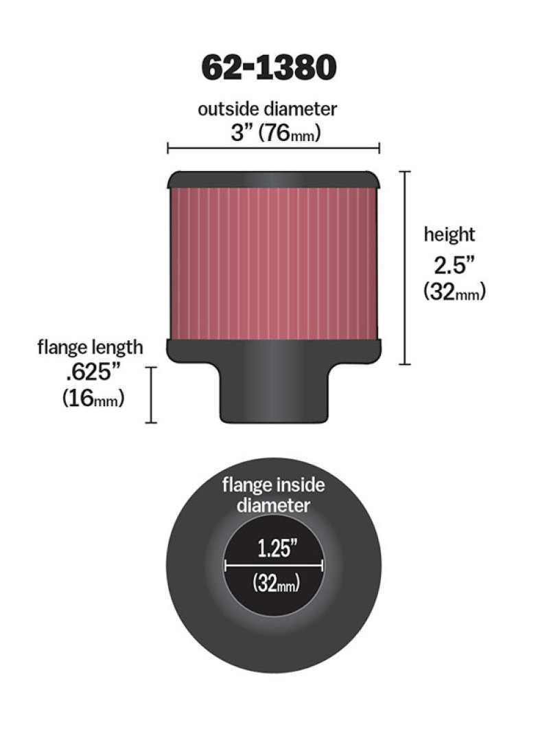 K&N 1.25in Flange ID x 3in OD x 2.5 inch H Rubber Base Crankcase Vent Filter - 62-1380