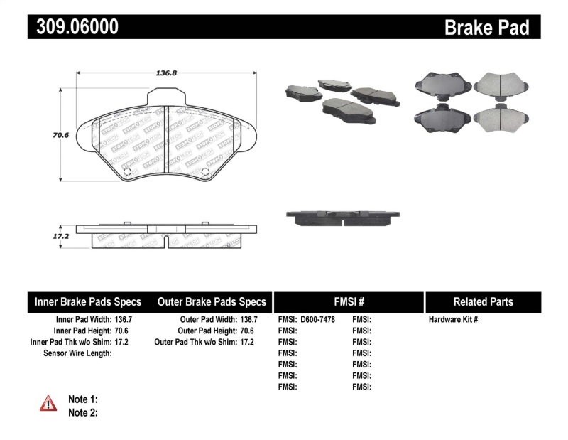 StopTech Performance 94-98 Ford Mustang / 93-97 Thunderbird / 93-97 Mercury Cougar Front Brake Pads - 309.06000