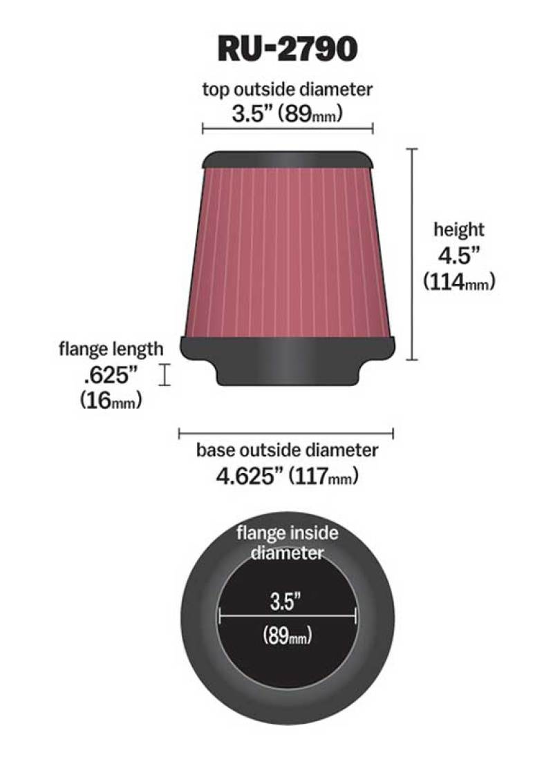 K&N Filter Universal Rubber Filter 3 1/2 inch Flange 4 5/8 inch Base 3 1/2 inch Top 4 1/2 inch Heigh - RU-2790