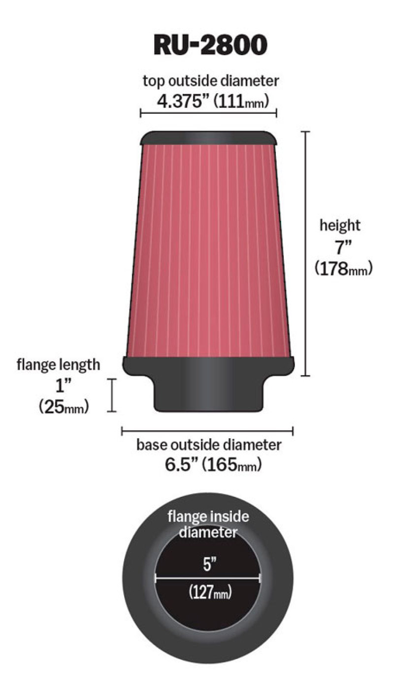 K&N Filter Universal Rubber Filter 5 inch Flange 6 1/2 inch Base 4 3/8 inch Top 7 inch Height - RU-2800