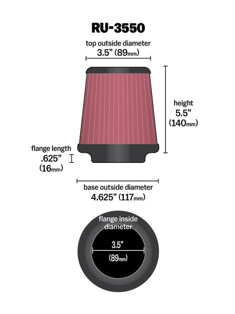 K&N Universal Rubber Filter 3 1/2 inch FLG / 4 5/8 inch Base / 3-1/2 inch Top / 5 1/2 inch Height - RU-3550