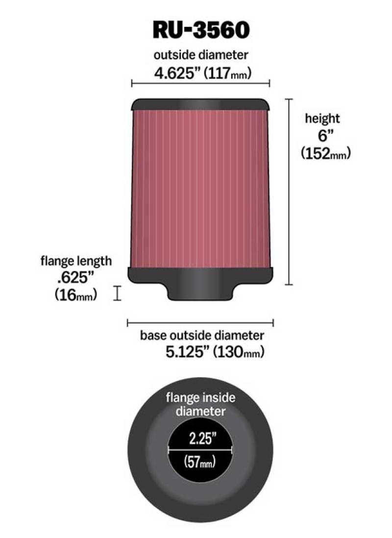 K&N Universal Rubber Filter 2-1/4in FLG x 5-1/8in Base x 4-5/8in Top x 6in Height - RU-3560