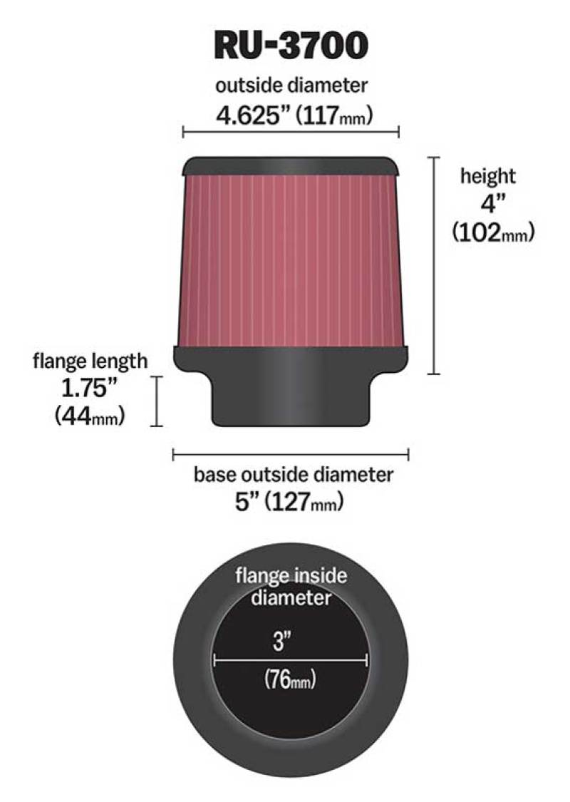 K&N Univeral Rubber Filter Round Tapered 4.625in Top OD x 5in Base OD x 4in H - RU-3700