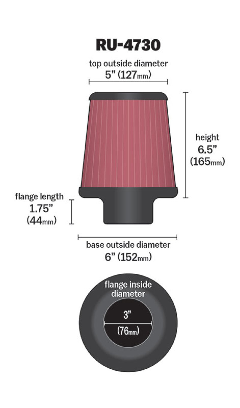 K&N Filter 3 inch Flange 6 inch Base 5 Top 6 1/2 inch Height - RU-4730