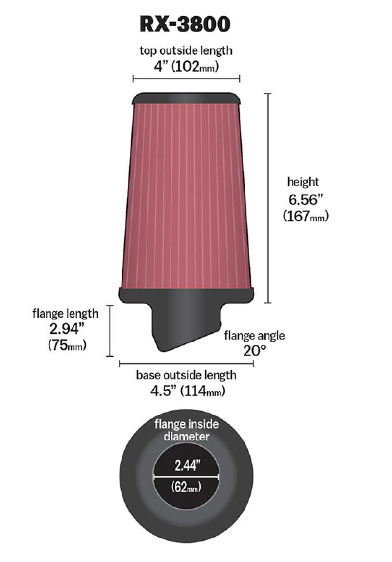 K&N Filter Universal X Stream Clamp-On 2.438in Flange ID x 4.5in Base OD x 4in Top OD x 6.563in H - RX-3800