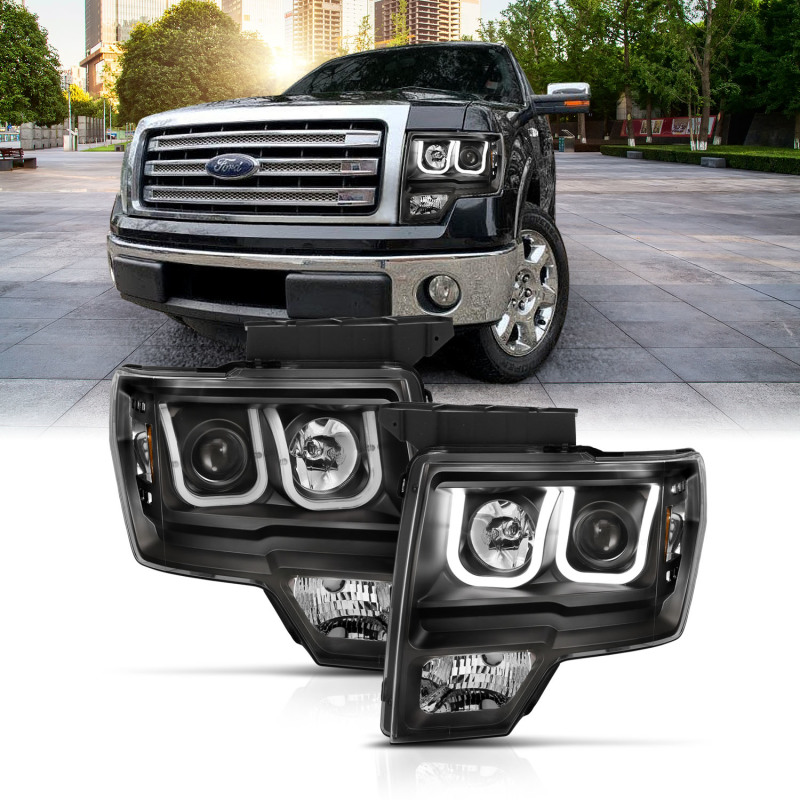 ANZO 2009-2014 Ford F-150 Projector Headlights w/ U-Bar Switchback Black w/ Amber - 111383