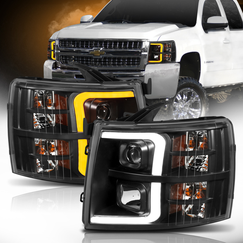 ANZO 07-13 Chevrolet Silverado 1500 Plank Style Projector Headlights Black w/ Amber - 111410