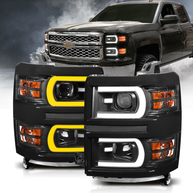 ANZO 14-15 Chevrolet Silverado 1500 Projector Headlights w/ Plank Style Switchback Black w/ Amber - 111412