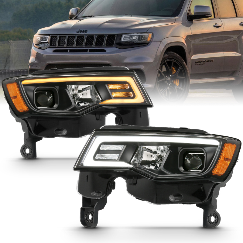 ANZO 2017-2018 Jeep Grand Cherokee Projector Headlights w/ Plank Style Switchback - Black w/ Amber - 111418