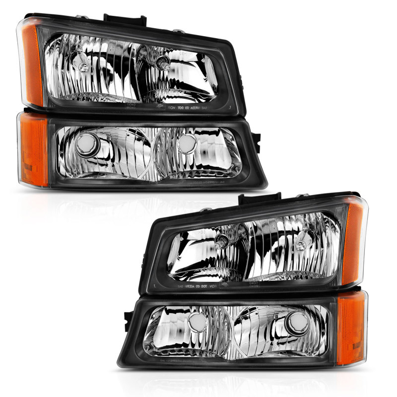 ANZO 2003-2006 Chevy Silverado Crystal Headlight w/ Signal Light Black Amber (4 pcs) - 111452