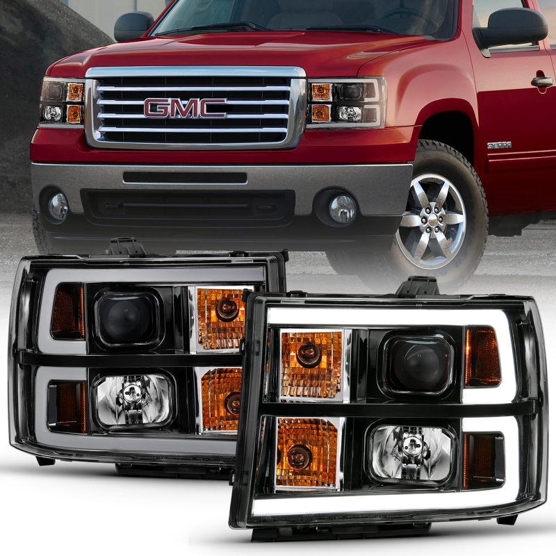 ANZO 2007-2013 Gmc Sierra 1500 Projector Headlight Plank Style Black w/ Clear Lens Amber - 111482