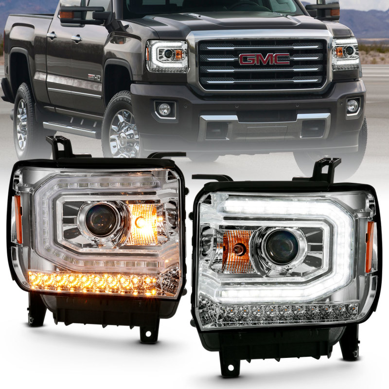 ANZO 2016-2019 Gmc Sierra 1500 Projector Headlight Plank Style Chrome w/ Sequential Amber Signal - 111486