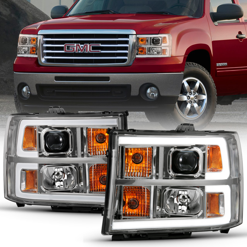 ANZO 2007-2013 Gmc Sierra 1500 Projector Headlight Plank Style Chrome w/ Clear Lens Amber - 111483