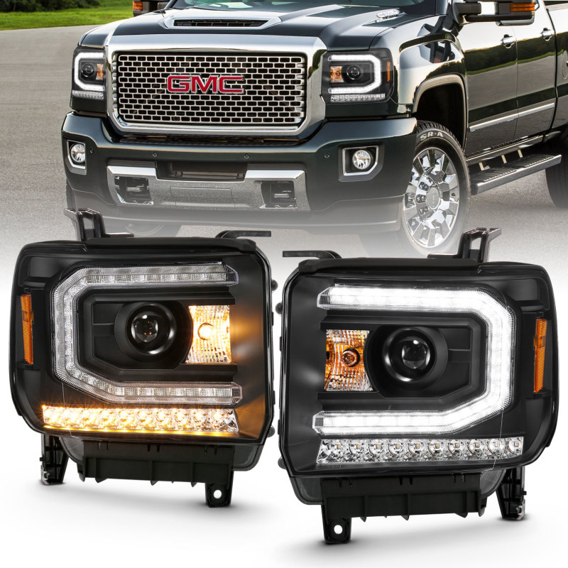 ANZO 2016-2019 Gmc Sierra 1500 Projector Headlight Plank Style Black w/ Sequential Amber Signal - 111485