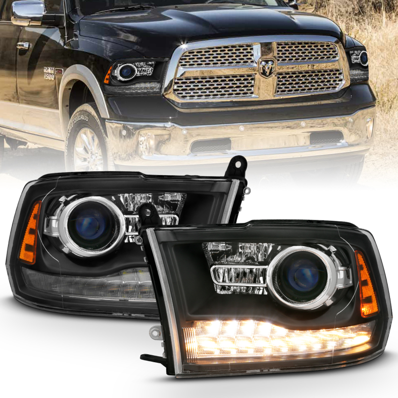 ANZO 2009-2018 Dodge Ram 1500 Projector Headlights Plank Style Halo w/Switchback Matte Black - 111489