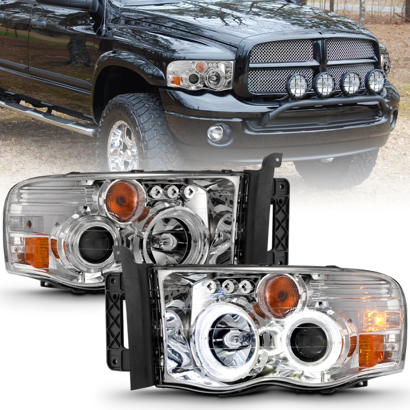 ANZO 2002-2005 Dodge Ram 1500 Projector Headlights w/ Halo Chrome Clear Amber - 111491