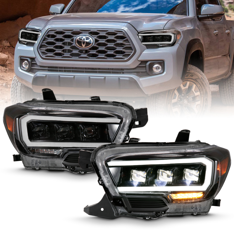 ANZO 2016-2018 Toyota Tacoma LED Projector Headlights Plank Style Black w/ Amber - 111496