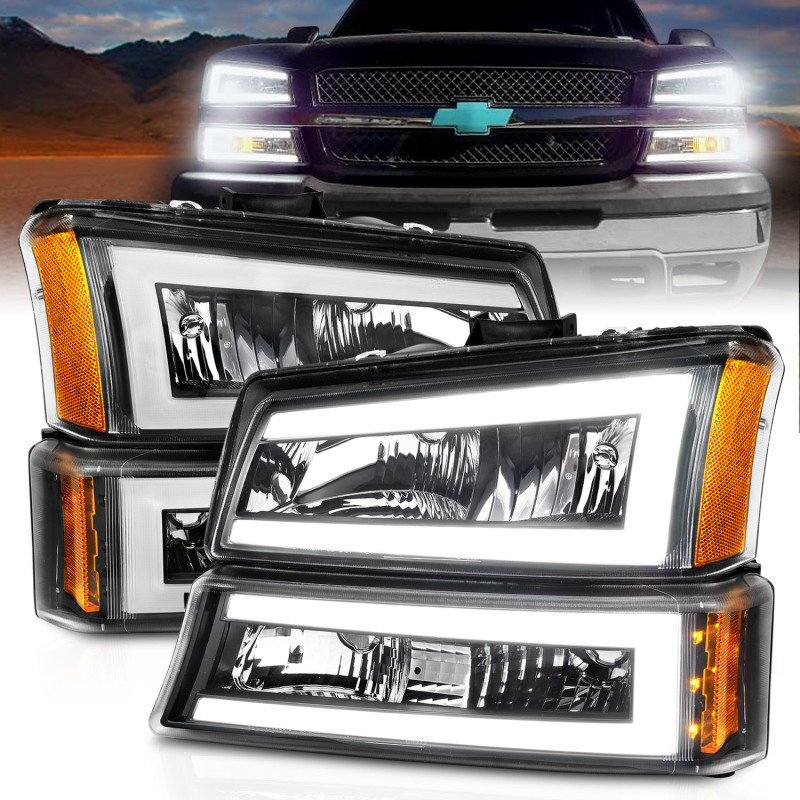 ANZO 2003-2006 Chevrolet Silverado 1500 Crystal Headlights w/ Light Bar Black Housing - 111501