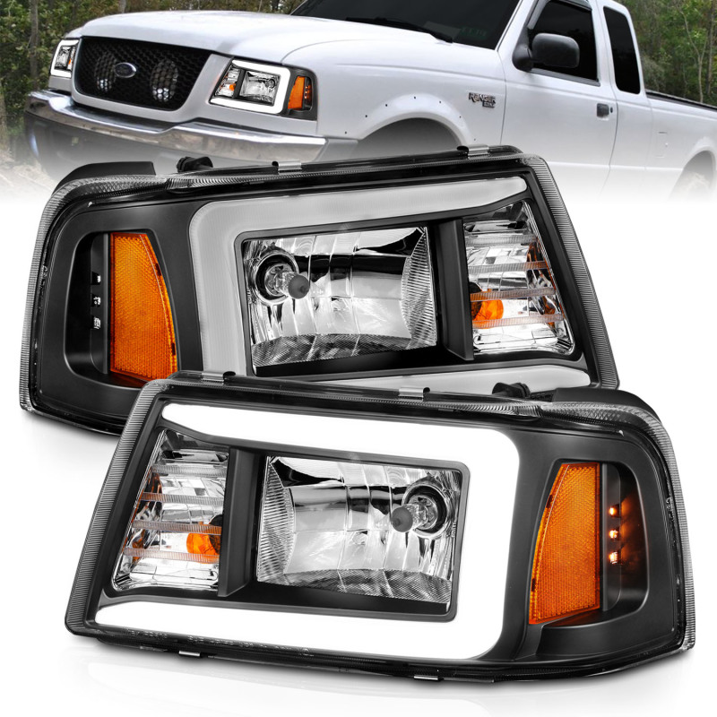 ANZO 2001-2011 Ford Ranger Crystal Headlights w/ Light Bar Black Housing - 111511