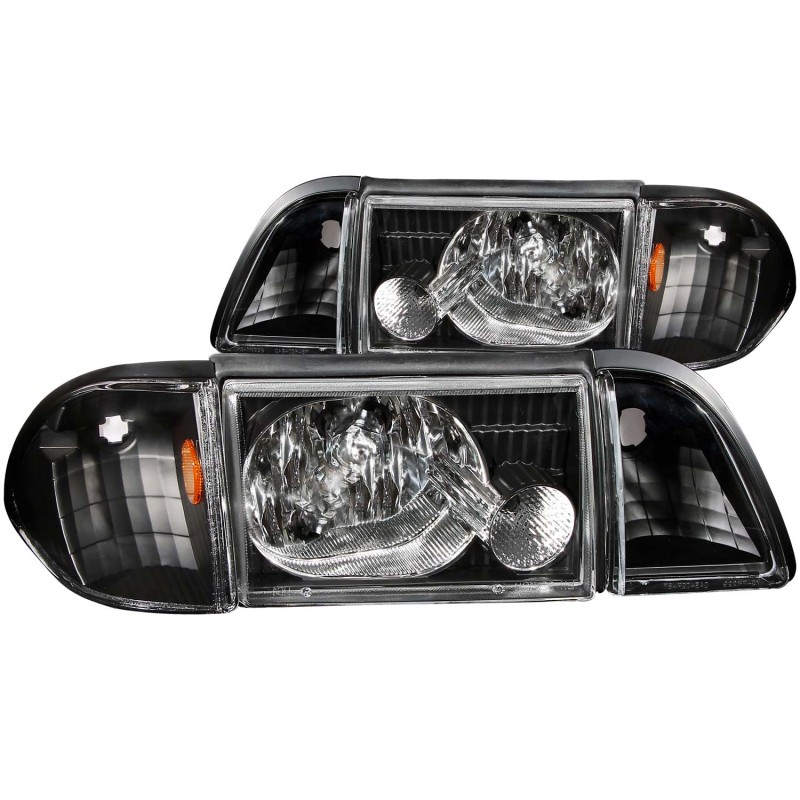 ANZO 1987-1993 Ford Mustang Crystal Headlights Black w/ Corner Lights 3pc - 121192