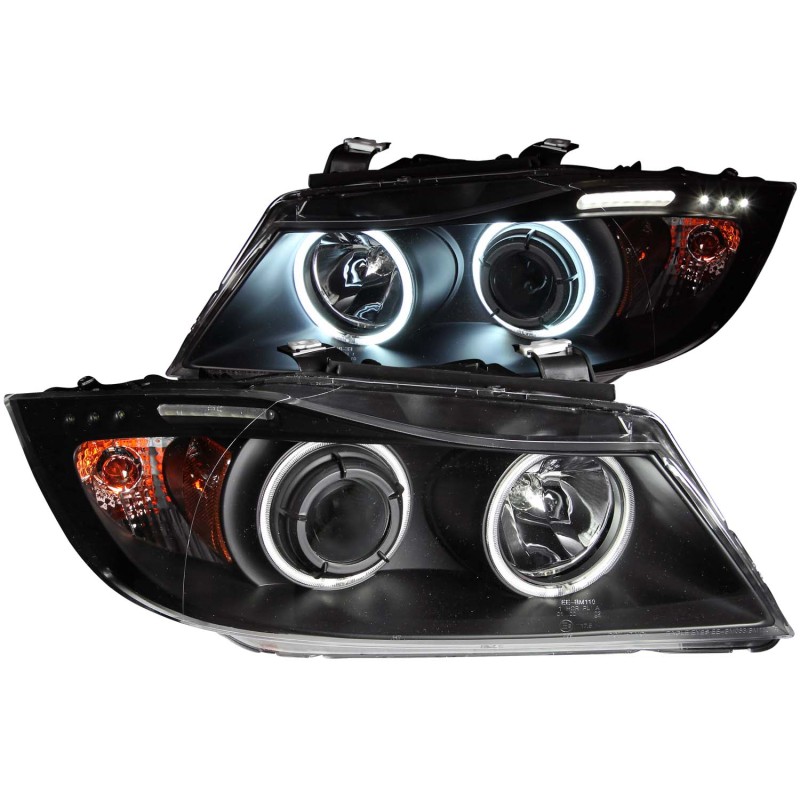 ANZO 2006-2008 BMW 3 Series E90-E91 Projector Headlights w/ Halo w/ LED Bar Black (CCFL) - 121335