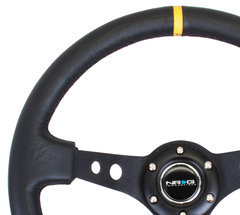 NRG Reinforced Steering Wheel (350mm / 3in. Deep) Blk Leather w/Blk Cutout Spoke/Yellow Center Mark - RST-006BK-Y