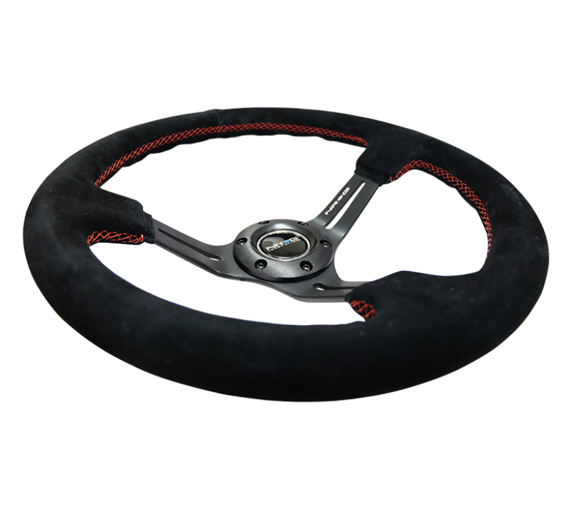 NRG Reinforced Steering Wheel (350mm / 3in. Deep) Blk Suede w/Red Stitching & 5mm Spokes w/Slits - RST-018S-RS