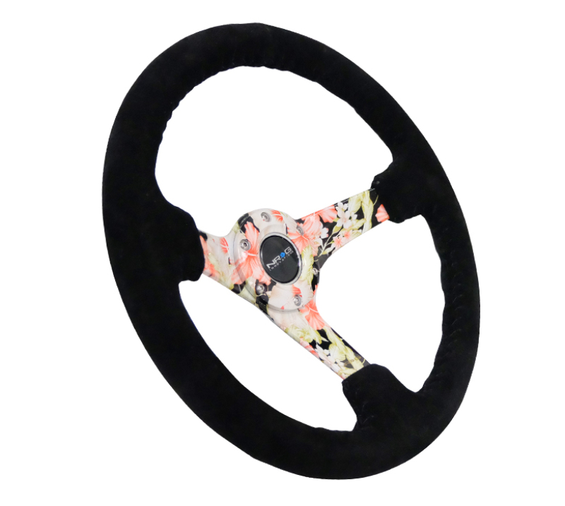 NRG Reinforced Steering Wheel (350mm / 3in. Deep) Blk Suede Floral Dipped w/ Blk Baseball Stitch - RST-036FL-S