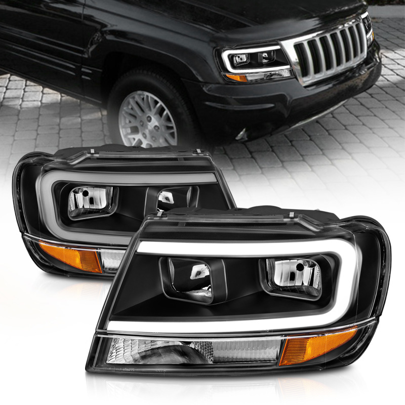 ANZO 99-04 Jeep Grand Cherokee Crystal Headlights - w/ Light Bar Black Housing - 111537