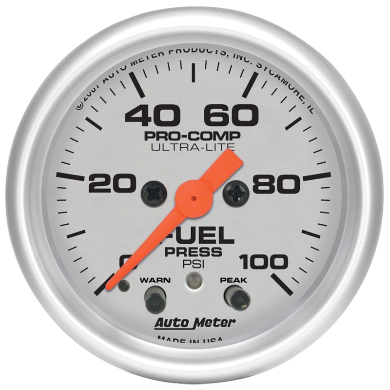 Autometer Ultra-Lite 52mm 0-100 PSI Fuel Pressure w/ Peak Memory Warning Gauge - 4371