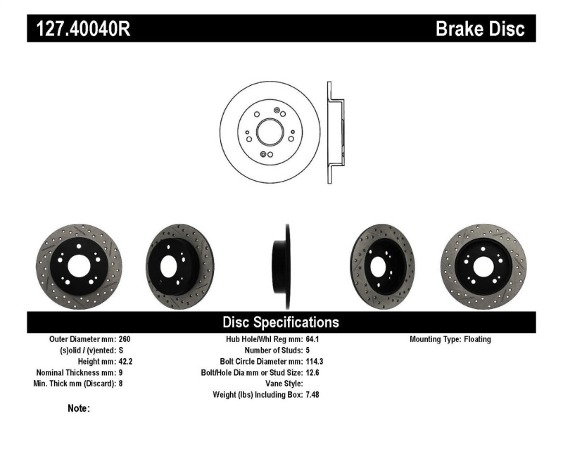 StopTech 06-09 Honda Civic Ex/Si Slotted & Drilled Right Rear Rotor - 127.40040R