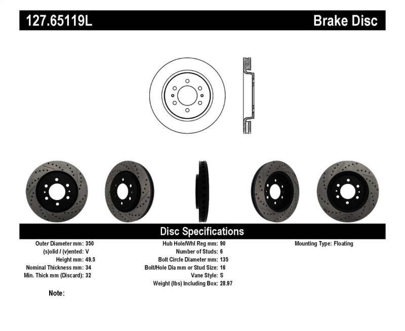 StopTech Slotted & Drilled Sport Brake Rotor - 127.65119L