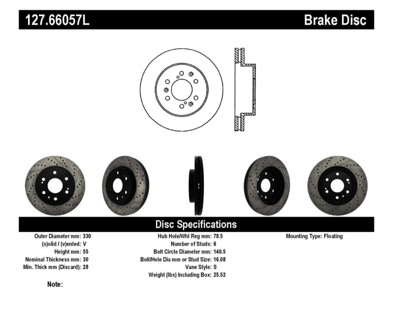 StopTech 05-10 GMC Sierra 1500 (w Rear Drum) / 07-09 GMC Yukon Front Left Slotted & Drilled Rotor - 127.66057L