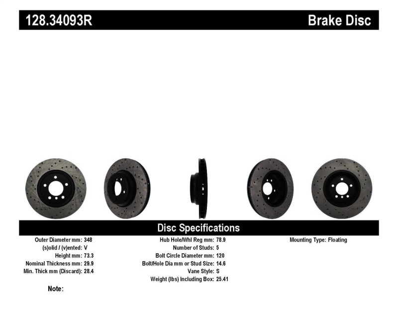StopTech 07-10 BMW 335i Cross Drilled Right Front Rotor - 128.34093R