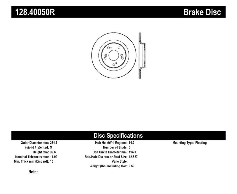 StopTech 00-09 Honda S2000 Drilled Right Rear Rotor - 128.40050R