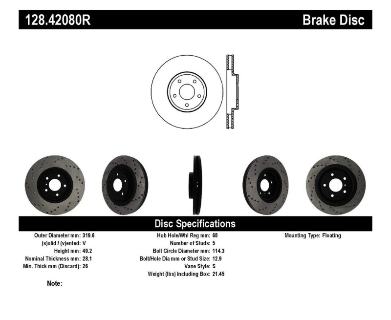StopTech 08-09 Infiniti EX35 / 05-08 G35 / 09 G37 / 06-09 M35/M45 Drilled Right Front Rotor - 128.42080R