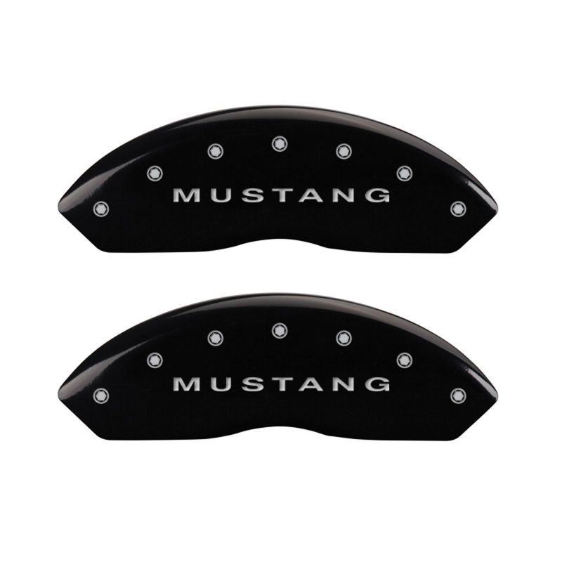 MGP 4 Caliper Covers Engraved Front Mustang Engraved Rear Bar & Pony Black finish silver ch - 10198SMBPBK