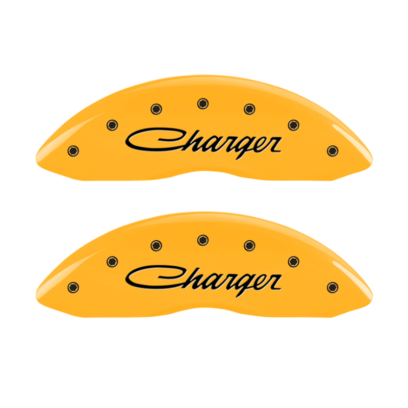 MGP 4 Caliper Covers Engraved F & R Cursive/Charger Yellow Finish Black Char 2006 Dodge Charger - 12005SCHSYL