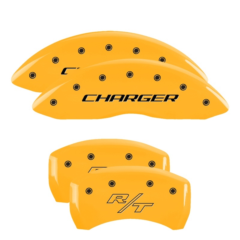 MGP 4 Caliper Covers Engraved F & R Block/Challenger Yellow Finish Black Char 2007 Dodge Charger - 12005SCLBYL