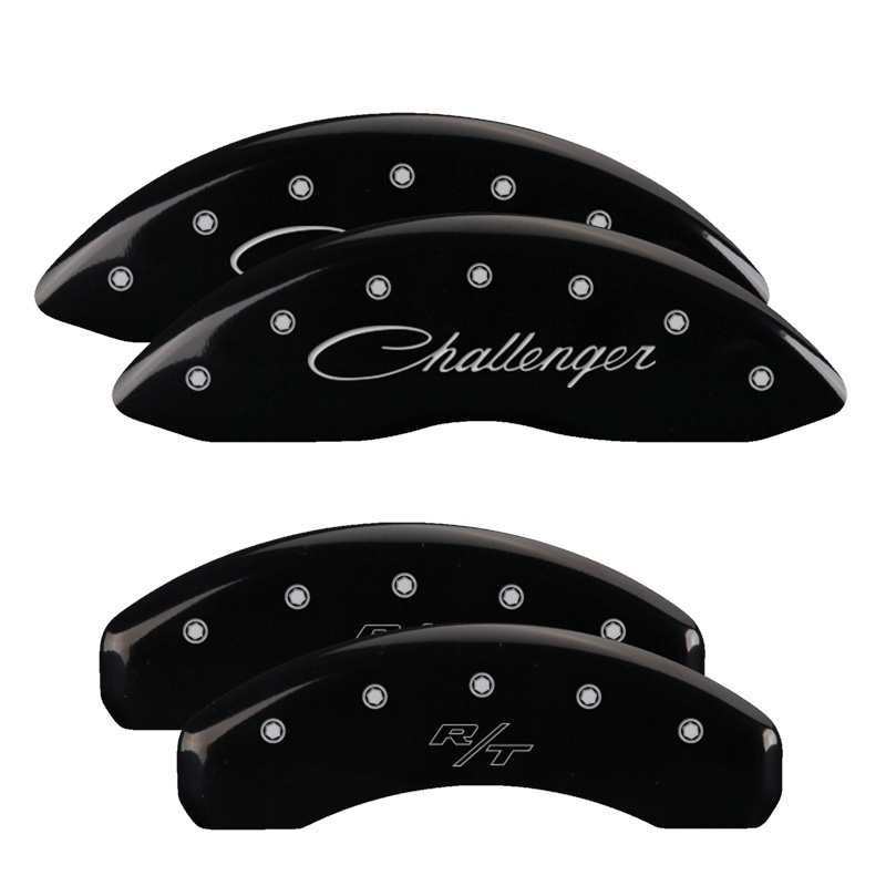 MGP 4 Caliper Covers Engraved Front Cursive/Challenger Engraved Rear RT Black finish silver ch - 12088SCLRBK